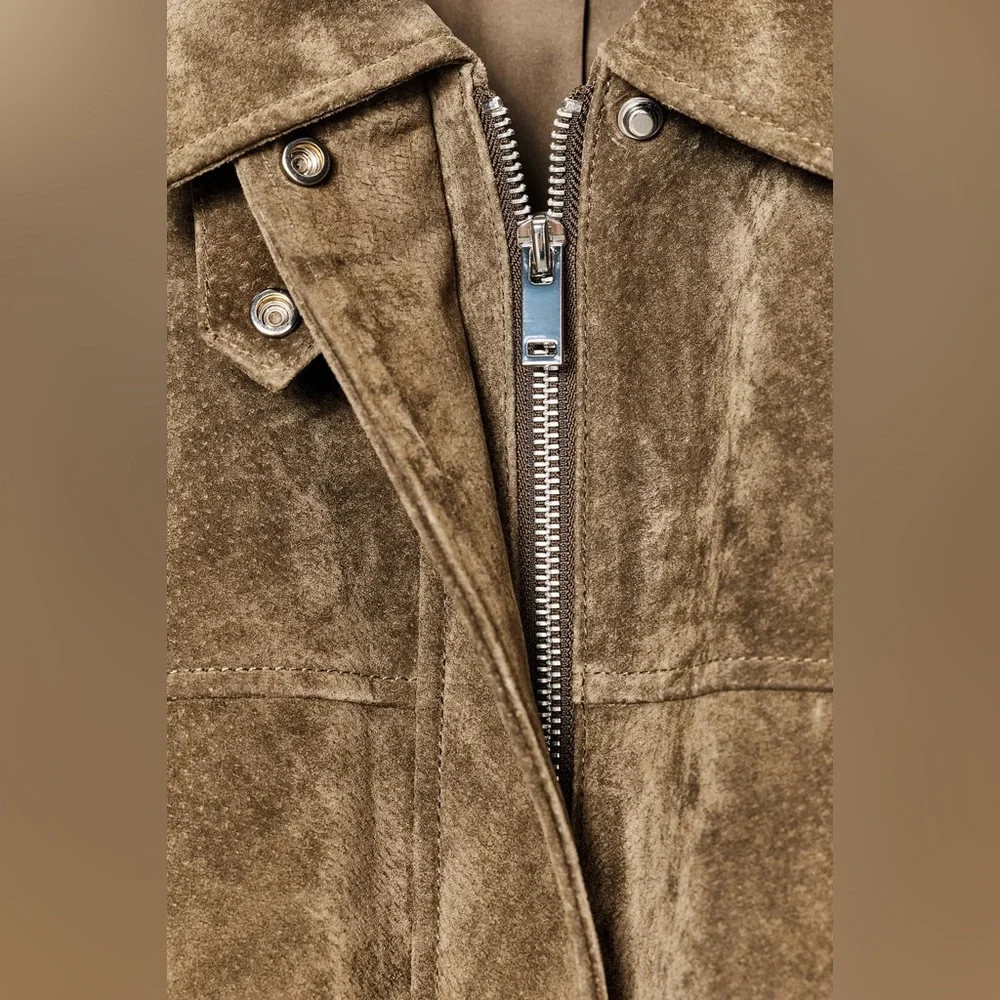 Zara Olive Brown natural suede leather bomber jacket - Picture 4 of 11
